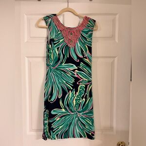 Lilly Pulitzer Bright Navy Tiger Palm Beaded neck cross back dress women’s small